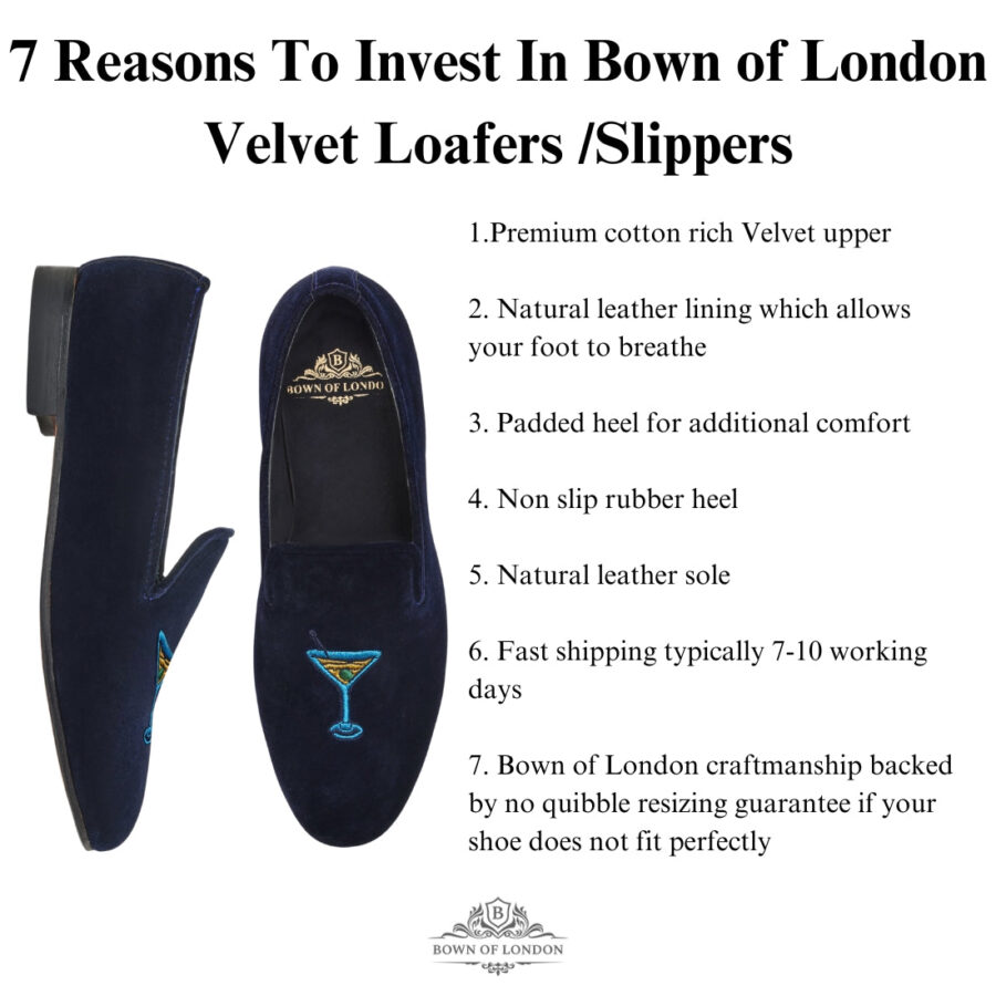 Men's Velvet Loafer/Slipper Shoe - Plain Navy - Image 5