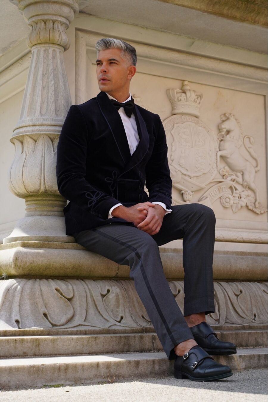 Made to Measure Double Breasted Mens Italian Velvet Smoking Jacket - Navy - Image 2