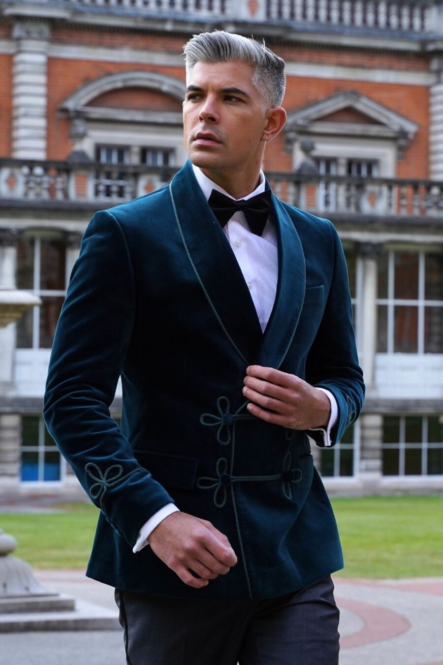 Made to Measure Double Breasted Mens Italian Velvet Smoking Jacket - Green - Image 3